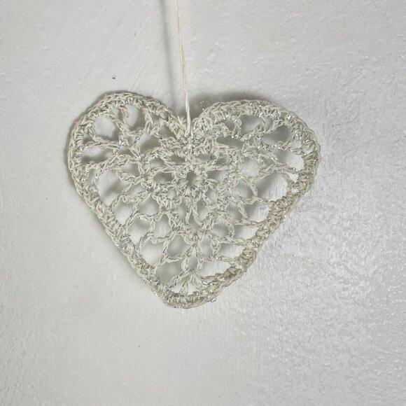 Vintage Ornament Crochet Heart Hand Made White Thread Sparkly Christmas Heart - Picture 1 of 3